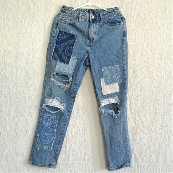 Simple Society Denim - Simple Society Patchwork Straight Leg Jeans Lace Beaded Distressed Grunge Boho